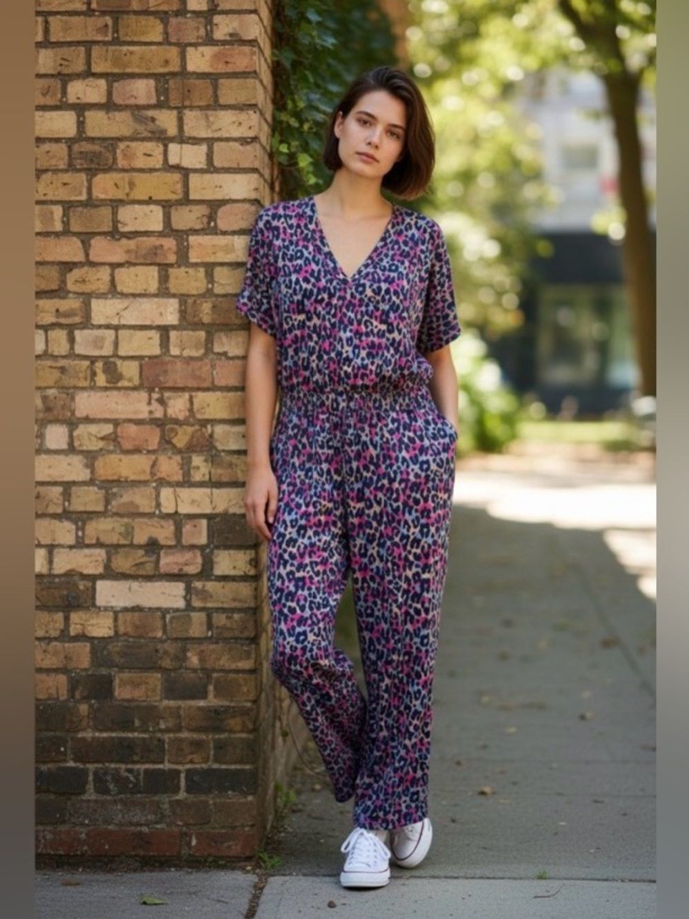 Pact Purple Leopard Print Charlie Organic Cotton Athleisure Jumpsuit Medium